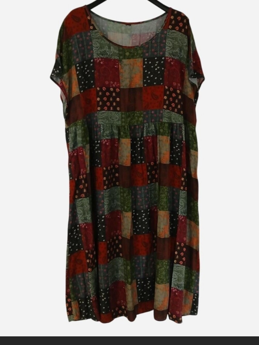 Shein Plus Size Dress Patchwork Print Greens Oranges Browns Purples Pinks Sleeve